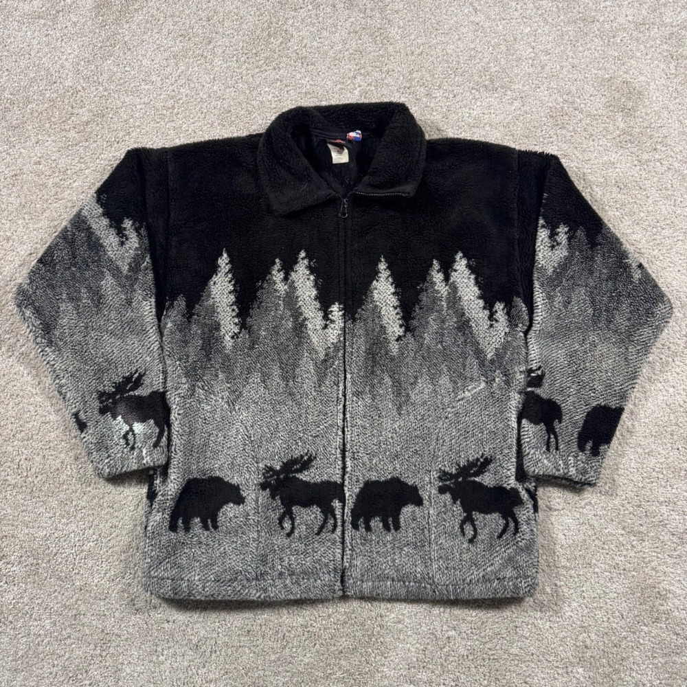 Mazmania Fleece Jacket Womens Small Black Grey Moose Bear Wildlife Scenic USA